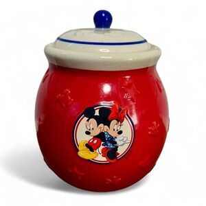 Vintage Mickey Minnie Mouse Cookie Jar w Lid 7” Tall 5.5” Wide Crackled Glaze
